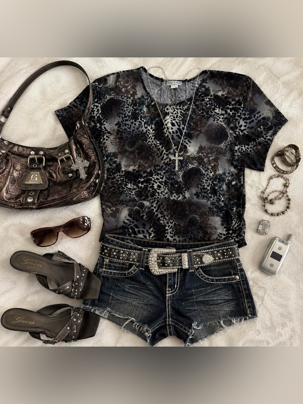 Vintage Y2K Leopard Floral Mesh Top | McBling 2000s Grunge Fairy Moto Cheetah